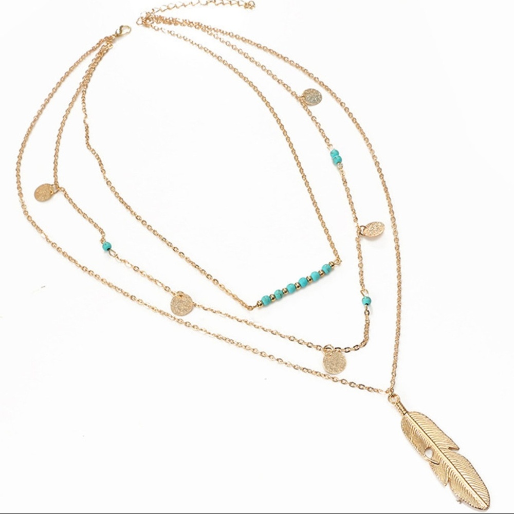 Feather Pendant Layered Chain Necklace